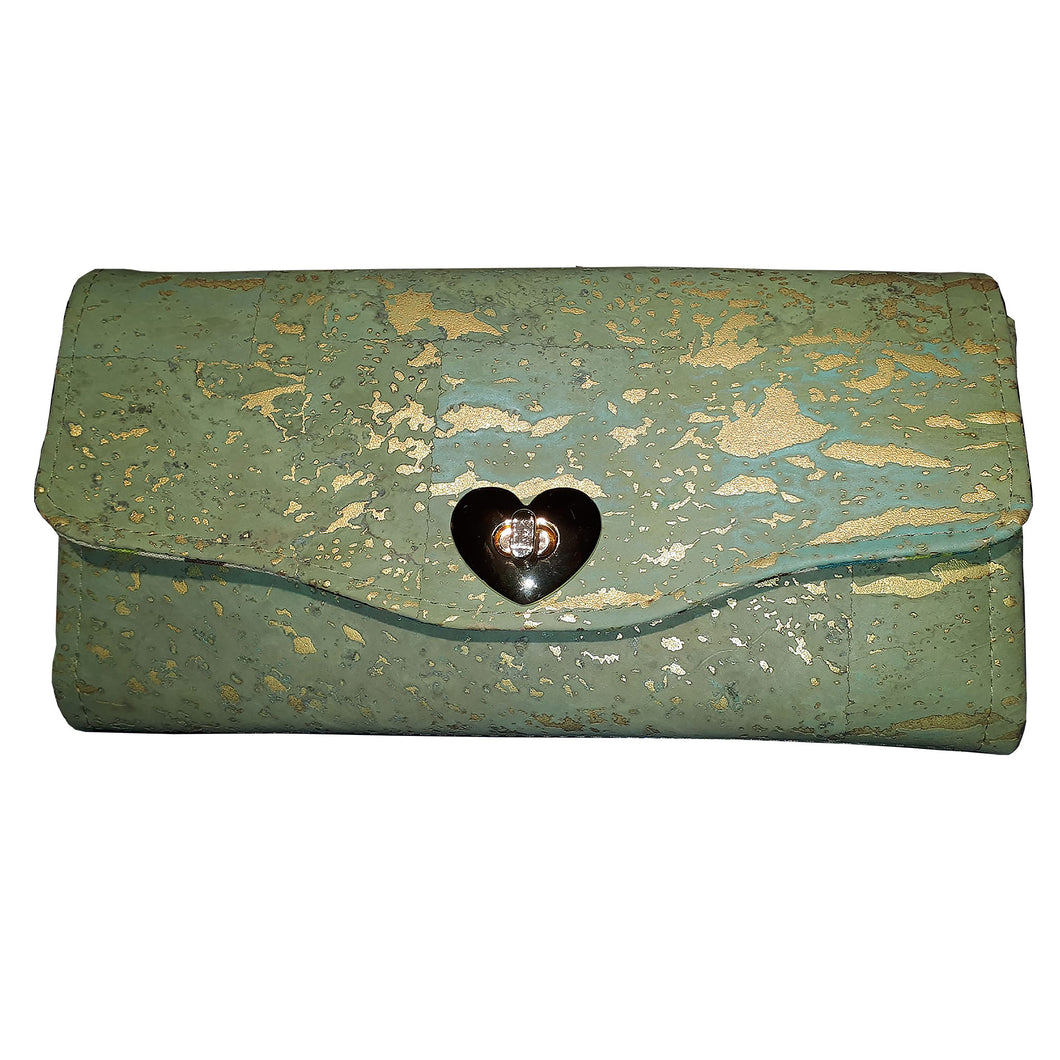 Clutch Wallet in pale green cork with metallic gold flecks & heart-shaped lock, by just.a.tad accessories, sold by Gems from Paradise.