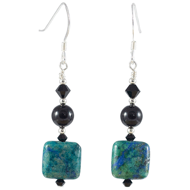 Chrysocolla, Onyx, Swarovski Crystal and Sterling Silver Earrings - Gems from Paradise