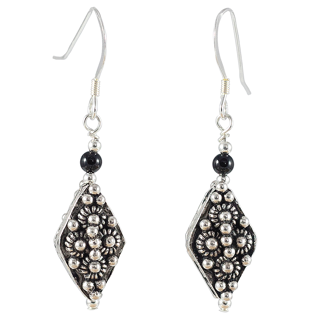 Bali Diamond Sterling Silver and Onyx Earrings