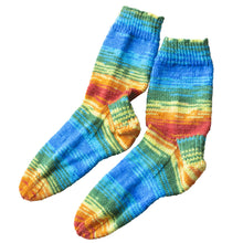 Bright Summer's Day Socks are in shades of bright blues, greens, yellows, oranges and red and are handmade by Socks by Sandy and sold by Gems from Paradise
