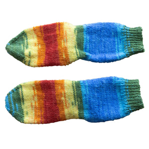 Bright Summer's Day Socks, child size 8-shades of bright blues, greens, yellows, oranges and red-Handmade by Socks by Sandy; sold by Gems from Paradise