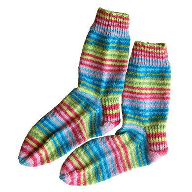 Summer shades of greens, pinks, and turquoise stripes, these Socks by Sandy are sold by Gems from Paradise.