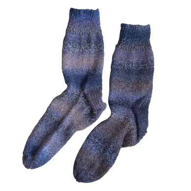 A wonderful mesh of blues and browns knit together to make these Blueberry Hill socks, handmade by Socks by Sandy and sold by Gems from Paradise