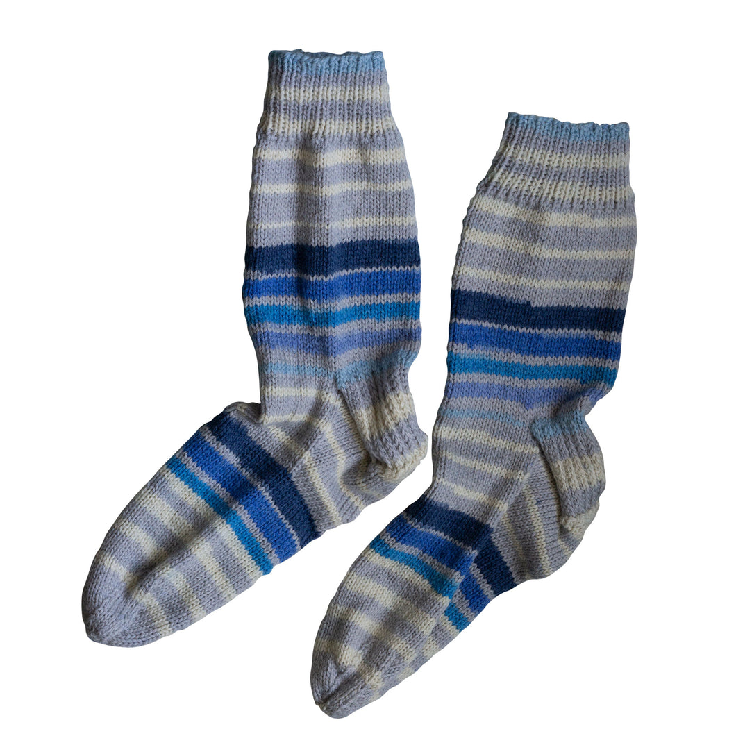 Cool Blues Socks, stripes from cream to pale blue through navy, by Socks by Sandy, sold by Gems from Paradise