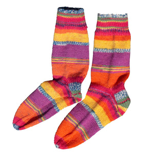 Summer Carnival Socks, thick stripes of orange, purple, yellow with thinner stripes of green and speckled blue, by Socks by Sandy, sold by Gems from Paradise
