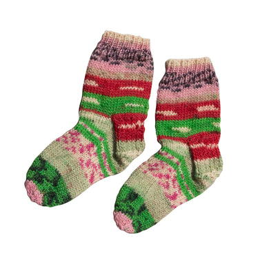 These sweet toddler-sized Rosy Vintage Christmas Socks are fun patterned stripes in pink, red and greens with cream and black accents scattered throughout. 