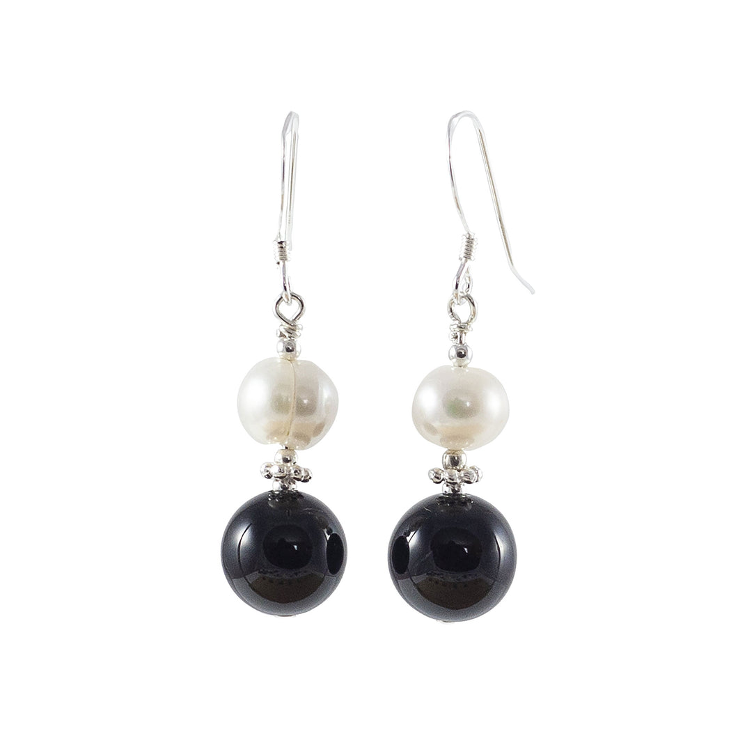 Onyx, Freshwater Potato Pearl and Sterling Silver Earrings - Gems from Paradise