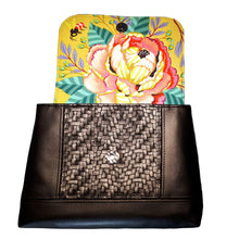 LBB Crossbody bag, front view with open flap closure featuring large, colourful floral print, by just.a.tad accessories, sold by Gems from Paradise.