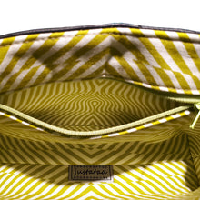 LBB Crossbody bag, interior view of bag and zipper pocket in chartreuse and cream geometric print, by just.a.tad accessories, sold by Gems from Paradise.