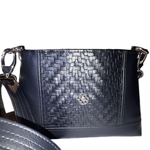LBB Crossbody bag, front view of bag with black basket weave faux leather, strap connectors and strap, by just.a.tad accessories, sold by Gems from Paradise.