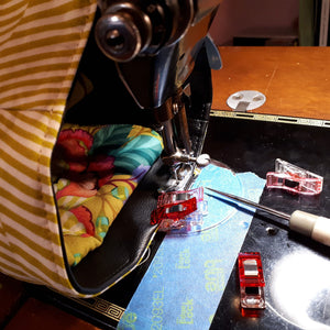 WIP - picture of final top stitching of bag, on bed of Vintage Singer sewing machine.