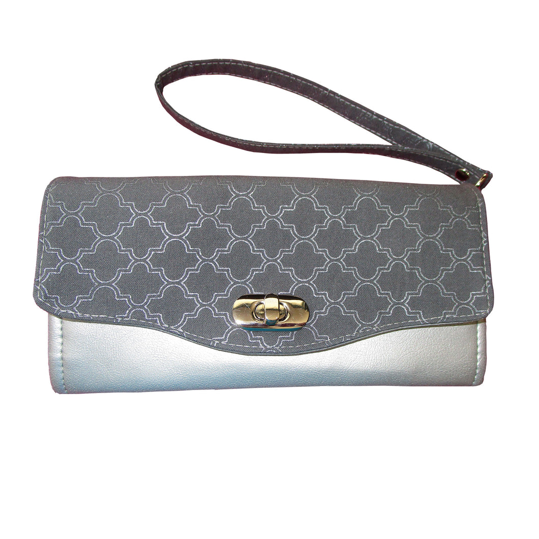 Clutch Wallet in grey & silver quatrefoil print and silver vinyl & wristlet strap, by just.a.tad accessories, sold by Gems from Paradise.