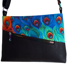Proud Peacock crossbody bag, front view with angled pocket by just.a.tad accessories, sold by Gems from Paradise.