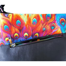 Proud Peacock crossbody bag, exterior pocket with polka dot lining, by just.a.tad accessories, sold by Gems from Paradise.