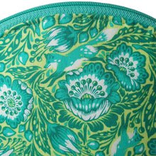 Dumpling-shaped Zip Pouch close up of fox and flowers in blues, greens and white, by just.a.tad accessories, sold by Gems from Paradise.