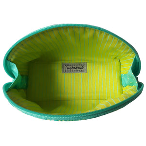Dumpling-shaped Zip Pouch interior view in mini pinstripes in green and blue, by just.a.tad accessories, sold by Gems from Paradise.