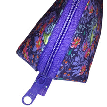 Dumpling-shaped Zip Pouch side view of bright purple zipper closure, by just.a.tad accessories, sold by Gems from Paradise.