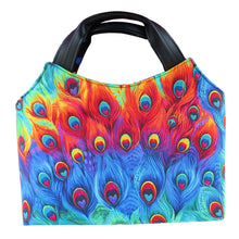 Proud Peacock handbag, back view, rainbow-coloured peacock feathers, by just.a.tad accessories, sold by Gems from Paradise.