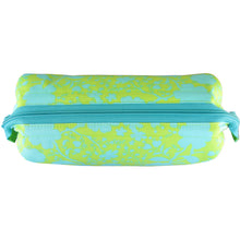 Zip Pouch with Frame, top view, lime & aqua wildflowers and aqua zipper, by just.a.tad accessories, sold by Gems from Paradise.