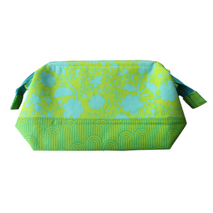 Zip Pouch with Frame, folded flat, lime & aqua wildflowers & stripes, by just.a.tad accessories, sold by Gems from Paradise.