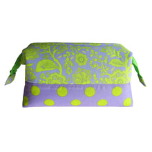 Zip Pouch with Frame, side view, lime & periwinkle lacy flowers & polka dots, by just.a.tad accessories, sold by Gems from Paradise.