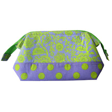 Zip Pouch with Frame, folded flat, lime & periwinkle lacy flowers & polka dots, by just.a.tad accessories, sold by Gems from Paradise.