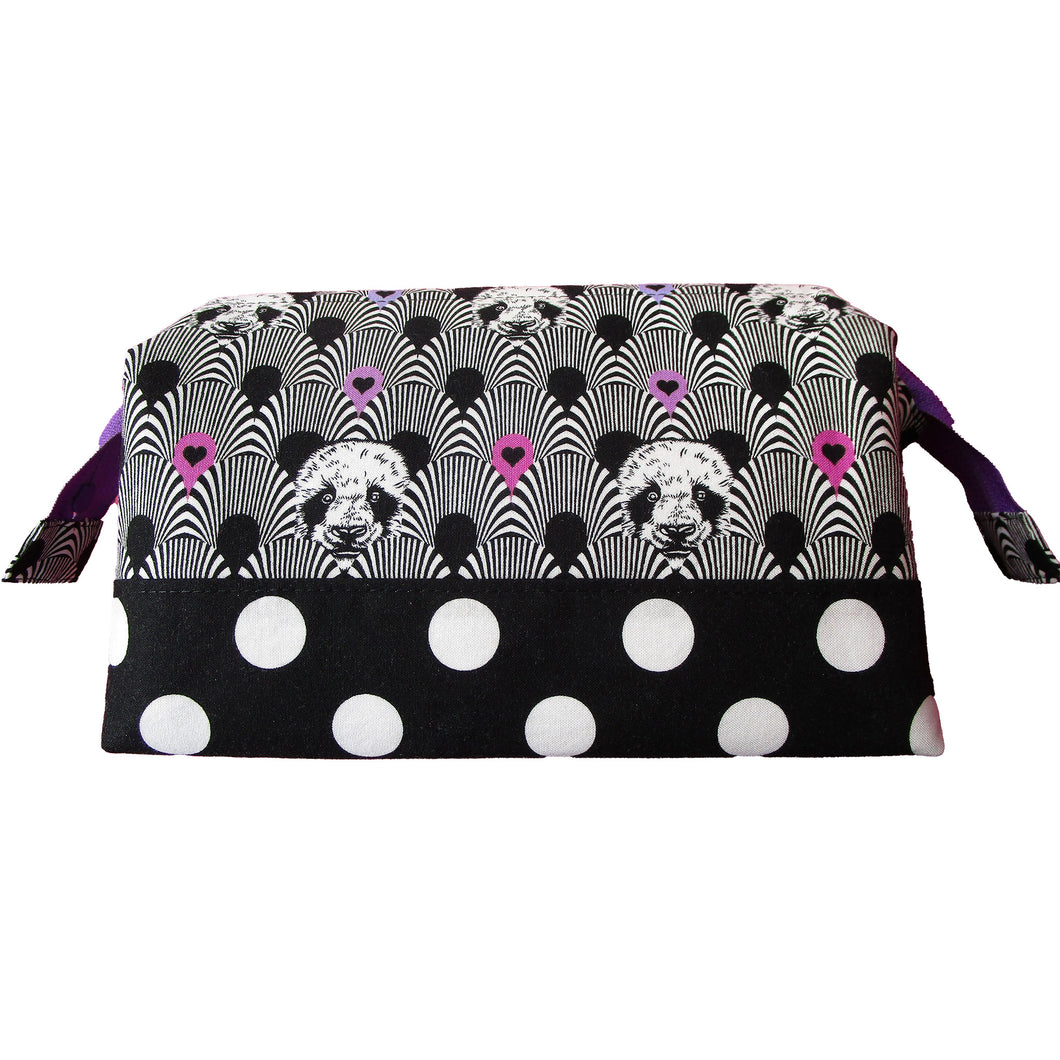 Zip Pouch with Frame, side view, black & white pandas & polka dots, by just.a.tad accessories, sold by Gems from Paradise.
