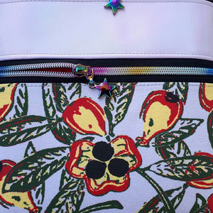 Detail of the bottom zippered pocket of the Ackee 1-2-3 Triple Zip Crossbody Bag by just.a.tad accessories, sold by Gems from Paradise.