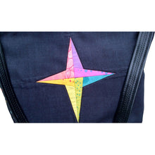 Rising Star Colour Block Bag-detail of colourful pieced star contrasted against black, by just.a.tad accessories, sold by Gems from Paradise.