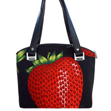 Domed handbag back in Alexander Henry's "Very Strawberry" fabric with black background by just.a.tad accessories, sold by Gems from Paradise.