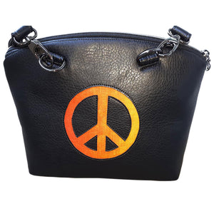 Orange to yellow ombre peace symbol appliqued on the back of Hippie Summer of Love bag by just.a.tad accessories, sold by Gems from Paradise.