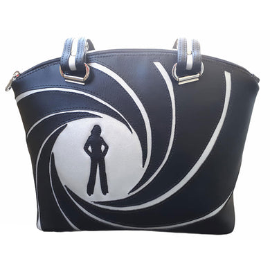 Woman in Focus bag with detailed black and silver vinyl reverse applique on the front, bag by just.a.tad accessories, sold by Gems from Paradise.