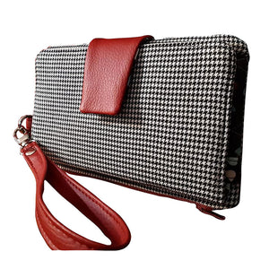 Bifold Wallet in black & white houndstooth with oxblood red  vinyl snap tab & wristlet, by just.a.tad accessories, sold by Gems from Paradise.