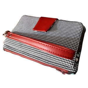 Bifold Wallet, black & white houndstooth, zipper pocket, oxblood red vinyl tab & wristlet by just.a.tad accessories, sold by Gems from Paradise.