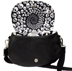 Rockstar Crossbody Bag interior flap showcasing Alexander Henry Skullfinity fabric, by just.a.tad accessories, sold by Gems from Paradise.
