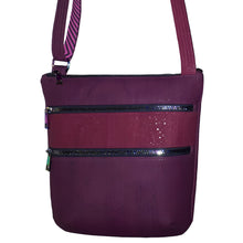 Purple Haze triple zip crossbody bag exterior front in 2 colours of cork and iridescent zippers, by just.a.tad accessories, sold by Gems from Paradise.