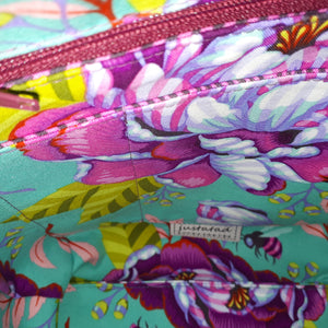 View of bag interior featuring Tula Pink's colourful Kabloom floral print, by just.a.tad accessories, sold by Gems from Paradise.
