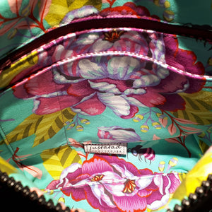 View of bag interior featuring Tula Pink's Kabloom floral print, by just.a.tad accessories, sold by Gems from Paradise.