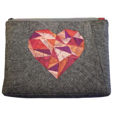 Zip Pouch front view of FPP heart in pinks and magenta with charcoal linen cotton blend background fabric, by just.a.tad accessories, sold by Gems from Paradise.
